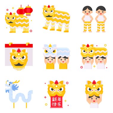 Lion dance related icon set 2, vector illustration