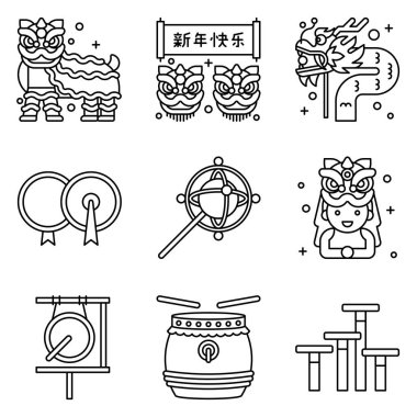 Lion dance related icon set 3, vector illustration