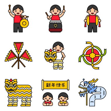 Lion dance related icon set, vector illustration