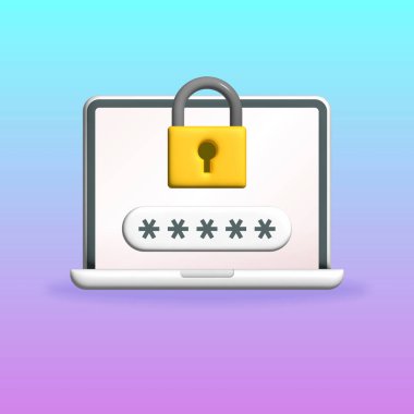 3d rendering laptop with lock and password on login screen