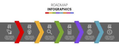 Infographic tasarım şablonu ve 6 ya da 6 basamaklı simgeler. iş akışı süreci diyagramı, iş veri sunumu, zaman çizelgesi, kilometre taşı, bayrak, broşür, akış şeması