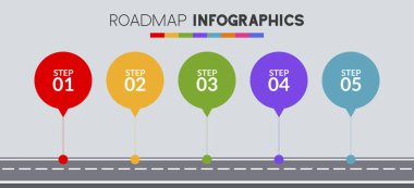 Infographic tasarım şablonu ve 5 ya da 5 adımlı simgeler. iş akışı süreci diyagramı, iş veri sunumu, zaman çizelgesi, kilometre taşı, bayrak, broşür, akış şeması