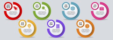 Infographic tasarım şablonu ve 7 ya da 7 adımlı simgeler. iş akışı süreci diyagramı, iş veri sunumu, zaman çizelgesi, kilometre taşı, bayrak, broşür, akış şeması