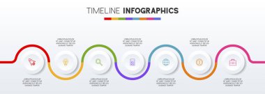 Infographic tasarım şablonu ve 7 ya da 7 adımlı simgeler. iş akışı süreci diyagramı, iş veri sunumu, zaman çizelgesi, kilometre taşı, bayrak, broşür, akış şeması