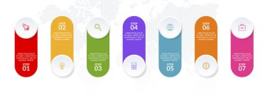 Infographic tasarım şablonu ve 7 ya da 7 adımlı simgeler. iş akışı süreci diyagramı, iş veri sunumu, zaman çizelgesi, kilometre taşı, bayrak, broşür, akış şeması