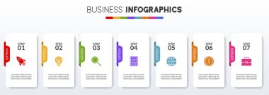 Infographic tasarım şablonu ve 7 ya da 7 adımlı simgeler. iş akışı süreci diyagramı, iş veri sunumu, zaman çizelgesi, kilometre taşı, bayrak, broşür, akış şeması