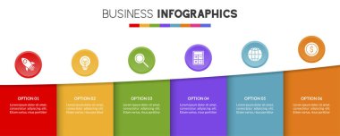 Infographic tasarım şablonu ve 6 ya da 6 basamaklı simgeler. iş akışı süreci diyagramı, iş veri sunumu, zaman çizelgesi, kilometre taşı, bayrak, broşür, akış şeması