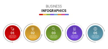 Infographic tasarım şablonu ve 5 ya da 5 adımlı simgeler. iş akışı süreci diyagramı, iş veri sunumu, zaman çizelgesi, kilometre taşı, bayrak, broşür, akış şeması