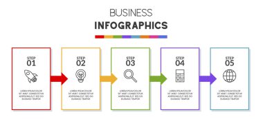 Infographic tasarım şablonu ve 5 ya da 5 adımlı simgeler. iş akışı süreci diyagramı, iş veri sunumu, zaman çizelgesi, kilometre taşı, bayrak, broşür, akış şeması
