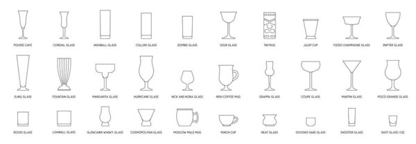 Cocktail glasses set, line design vector illustration