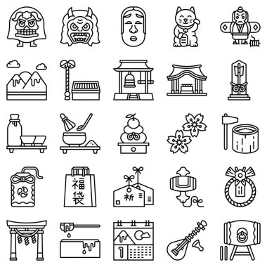 Japon Yeni Yıl çizgi simgesi seti, vektör illüstrasyonu