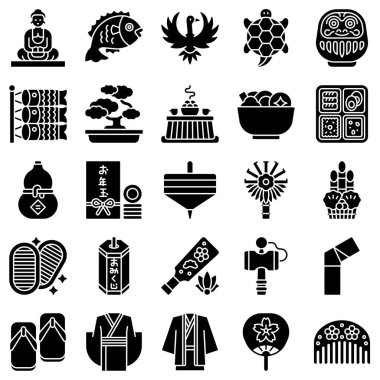 Japon Yeni Yıl İlgili katı simge kümesi 2, vektör illüstrasyonu