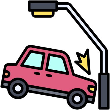 Araba bir ışık direği simgesine, araba kazasına ve güvenlikle ilgili vektör illüstrasyonuna çarptı