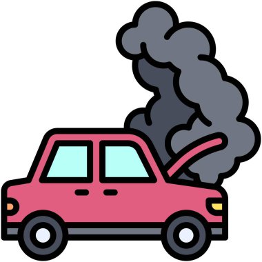 Araba kaputu simgesinden yükselen duman, araba kazası ve güvenlikle ilgili vektör illüstrasyonu