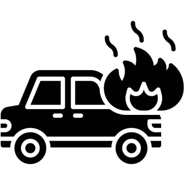Araba kaputu simgesi, araba kazası ve güvenlikle ilgili vektör illüstrasyonundan yangın yükseliyor