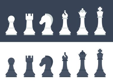 Vektör illüstrasyonunda klasik siyah ve beyaz renkli satranç taşlarının bir koleksiyonu gösteriliyor