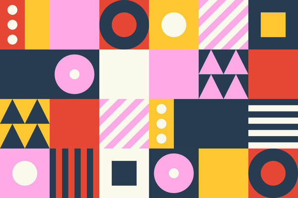 Geometric Bauhaus Background in Mosaic Block Style with Seamless Pattern for Backdrops, Greeting Cards, and Geometry-Ornamented Retro Modern Design