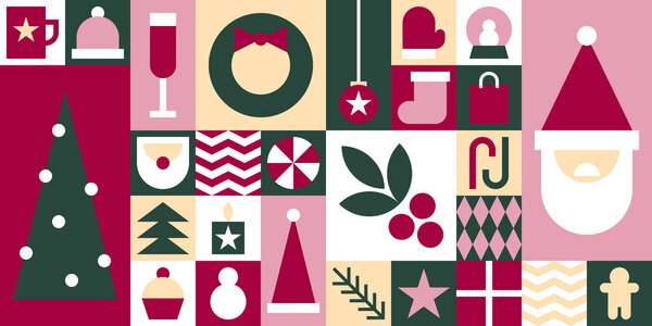 Christmas Geometric Bauhaus Background in Mosaic Block Style with Seamless Pattern, vector illustration