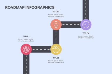 Eğri Yol ve Renkli Simgelerle Basit 4 Düğümlü Yol Haritası Bilgisi, Vektör Resimleri