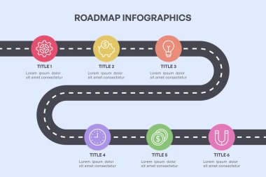 Renkli Simgeler ve Kilometre Taşlarıyla Basit 6 Düğümlü Yol Haritası Bilgileri, Vektör Resimleri