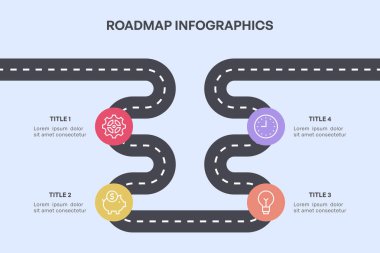 Eğri Yol ve Renkli Simgelerle Basit 4 Düğümlü Yol Haritası Bilgisi, Vektör Resimleri