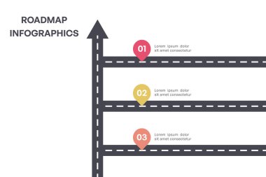 Renkli Milestone Yol Haritası Okları ve Üç Adım, Vektör İllüstrasyonu