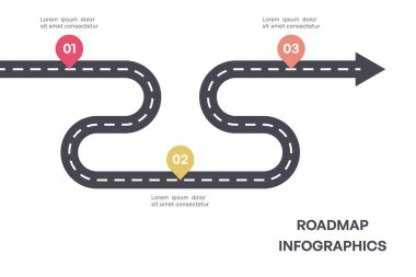 Renkli Milestone Yol Haritası Okları ve Üç Adım, Vektör İllüstrasyonu