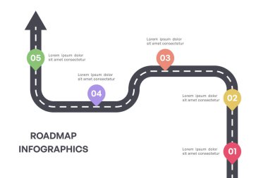 Renkli Milestone Yol Haritası Oklu Bilgi ve Beş Adım, Vektör İllüstrasyonu