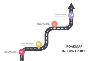 Canlı Milestone Yol Haritası Oklu ve Dört Aşamalı Bilgi, Vektör İllüstrasyonu