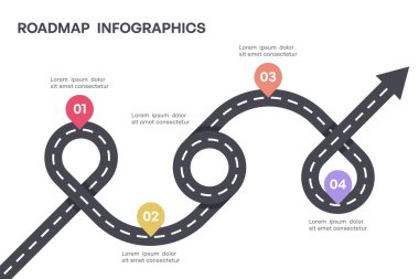 Canlı Milestone Yol Haritası Oklu ve Dört Aşamalı Bilgi, Vektör İllüstrasyonu