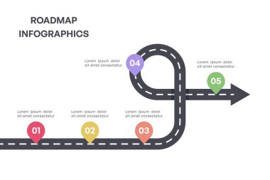 Renkli Milestone Yol Haritası Oklu Bilgi ve Beş Adım, Vektör İllüstrasyonu