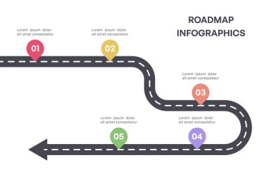 Renkli Milestone Yol Haritası Oklu Bilgi ve Beş Adım, Vektör İllüstrasyonu