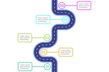 Beş Adımlı İşlem ve Renk Kodlu Yol Vektörü İllüstrasyonlu Dikey Yol Haritası Bilgisi