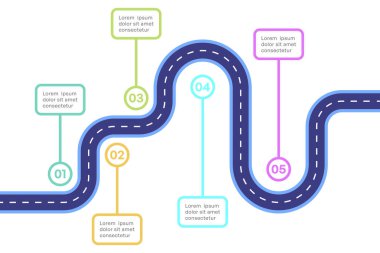 5 Aşamalı Eğimli Yol Haritası Bilgileri, Renkli Kilometre Taşı Vektör İllüstrasyonu