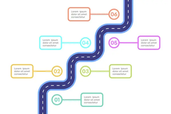 stock vector 6 Stage Curved Roadmap Infographic, Colorful Milestone Path Vector Illustration