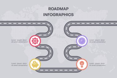 İş ve Finans Simgeleriyle Yol Haritası Bilgileri, Dünya Haritası Arkaplanındaki 4 Düğüm, Vektör Resimleri