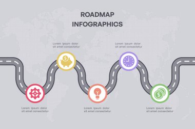 Dünya Haritası Arkaplanında Beş Aşamalı Eğri Yol Bilgileri, Profesyonel Vektör İllüstrasyonu