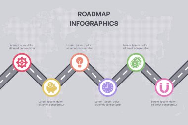 Altı Aşamalı Küresel Mil Taşı Yol Haritası Simgeler Tarafından Noktalı Dünya Haritası Arkaplanı Üzerinde Sunuluyor