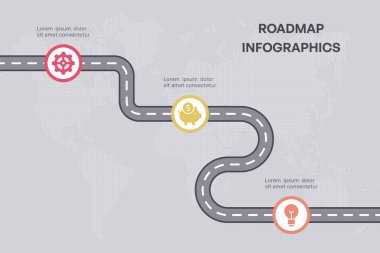 Üç Aşamalı Profesyonel Yol Haritası Dünya Haritası Vektör İllüstrasyonlu Eğri Yol Simgeleri tarafından temsil ediliyor