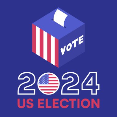 2024 ABD Seçim Posteri Oy Kutusu ve Amerikan Bayrak Simgesi, Vektör İllüstrasyonu