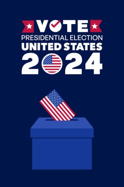2024 Başkanlık Seçim Grafiği Amerikan Bayrak Sandığı ve Oy Kutusu, Vektör İllüstrasyonu