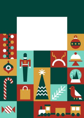 Oyuncak Asker ve Bayram Simgesi Şebekesi Arkaplan Vektör İllüstrasyonunda Retro Noel Kartı