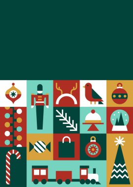 Oyuncak Asker, Süsler ve Yeşil Arkaplanda Tatil Simgeleriyle Noel tebrik kartı