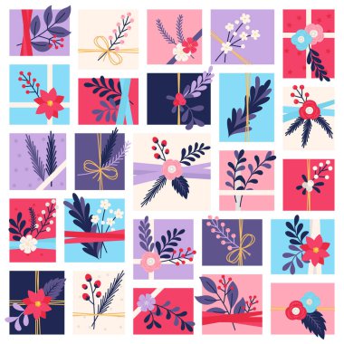 Kutlamalar için Şebeke Tasarımında Zarif Botanik Dekorasyonlu Pastel Hediye Kutuları