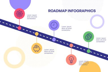 İş Simgeleri ve Finansal Kilometre Taşları İllüstrasyonlu Eğik Yol Haritası Bilgileri
