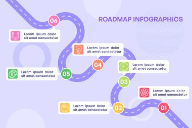 Renkli Simgeler ve Eğri Dönen Vektör Resimleriyle Altı Noktalı Yol Haritası Bilgisi