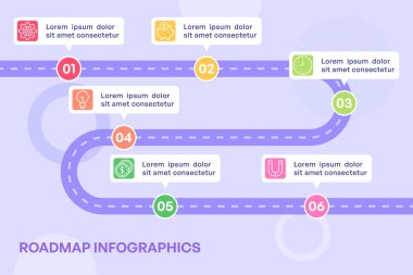 Simge Vektörü İllüstrasyonlu Renkli 6 Adım Zigzag Yol Haritası Bilgisi
