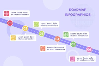 6 Renkli Kilometre Taşı Vektör İllüstrasyonlu Çapraz Yol Haritası Bilgisi