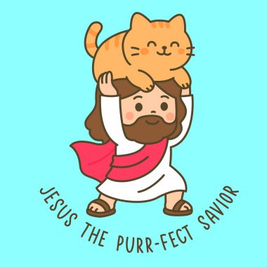 İsa gülümseyen turuncu bir kediyi Eflatun Kurtarıcı İsa başlığıyla kaldırır.
