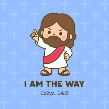 Kalkmış Parmak ve Mavi Arkaplan 'a sahip Chibi Jesus Ben Bir Yol Göstericisiyim